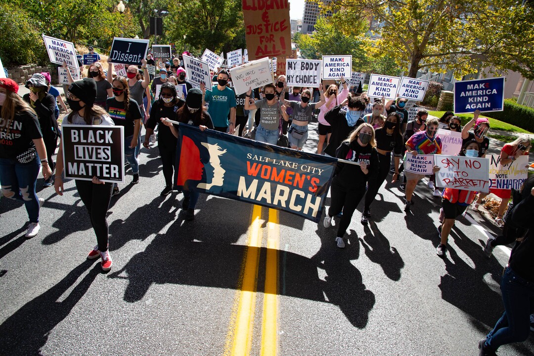 (Francisco Kjolseth  |  The Salt Lake Tribune) Demonstrators gather in Salt Lake City, uniting with Women’s March rallies happening in Washington D.C. and around the country on Saturday, Oct. 17, 2020, to signal their opposition to President Donald Trump and his agenda, including his push to fill the seat of late Supreme Court Justice Ruth Bader Ginsburg before election day.
