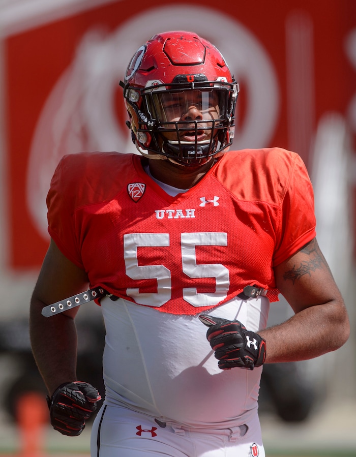 (Steve Griffin  |  The Salt Lake Tribune) Utah offensive lineman Nick Ford warms-up during the University of Utah football team's first scrimmage at Rice-Eccles Stadium in Salt Lake City Friday March 30, 2018.