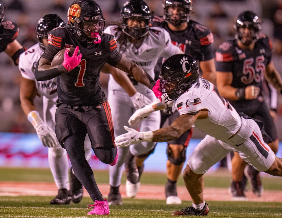 (Rick Egan | The Salt Lake Tribune) Utes running back Wayshawn Parker (1) runs for Utah touchdown in football action at Rice-Eccles Stadium, on Saturday, Nov. 1, 2025.
