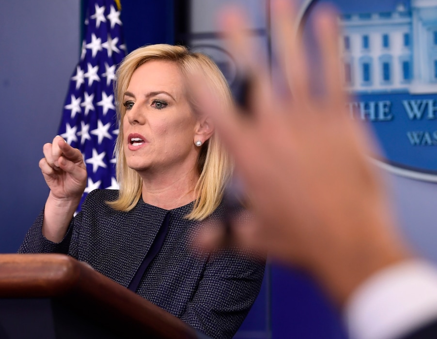 (Susan Walsh | The Associated Press) Department of Homeland Security Secretary Kirstjen Nielsen calls on a reporter during the daily briefing at the White House in Washington, Monday, June 18, 2018.