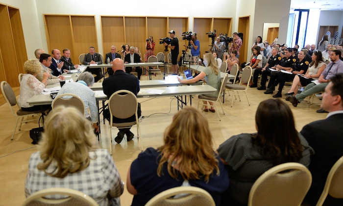 (Francisco Kjolseth  |  The Salt Lake Tribune)  Leadership and partners of Operation Rio Grande meet at The Gateway on Tuesday, Aug. 14, 2018, to report on the first year of Operation Rio Grande, which launched Aug. 14, 2017. Agency leadership and staff will reported on the three phases of the operation which focused on improving public safety, drug and mental health treatment and employment.