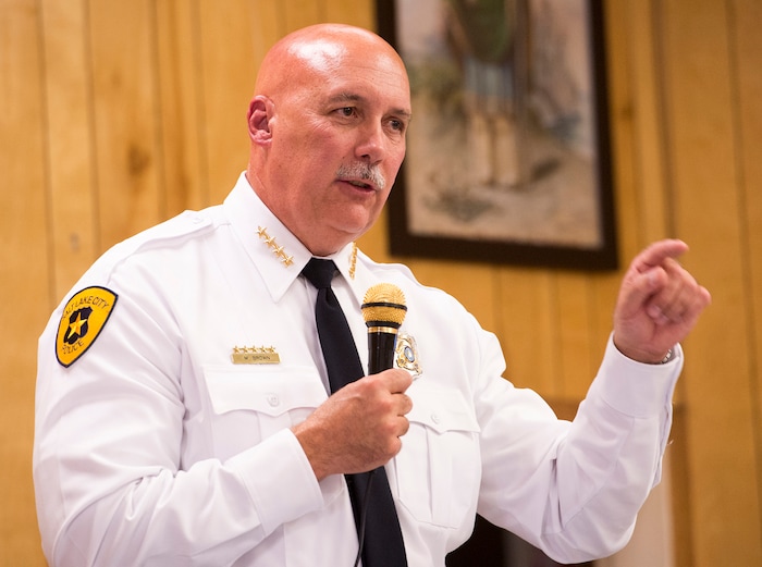 (Rick Egan  |  The Salt Lake Tribune)  Salt Lake City Police Chief Mike Brown says a few words about the homeless problem, with westside residents who say that the crackdown on crime in the Rio Grande area has pushed homeless people and drug activity toward their neighborhoods. Friday, August 25, 2017.



