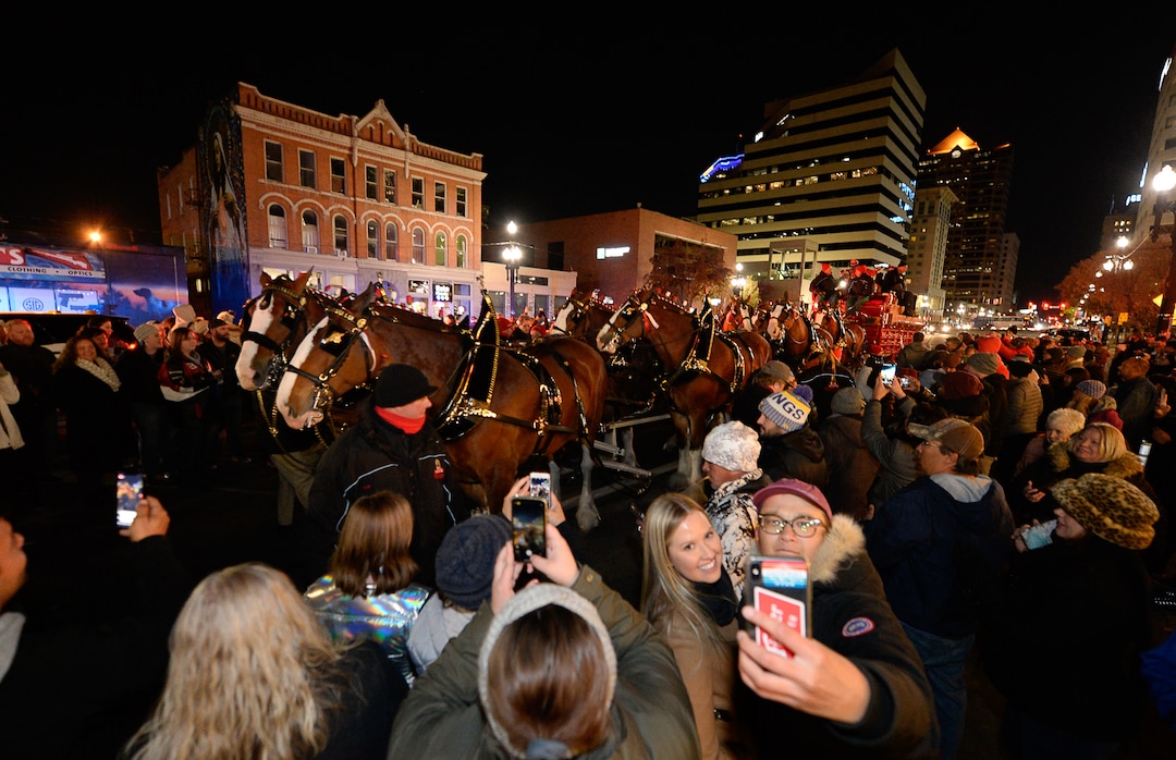 (Francisco Kjolseth  |  The Salt Lake Tribune)  Budweiser’s iconic Clydesdales make a special trip to Utah to celebrate the changing beer laws in the state, joined by a “ghoulish group of pallbearers,” on Wed. Oct. 30, 2019, for a funeral procession for Utah’s last remaining 3.2 percent beer, on their way to Bar X, Beer Bar and Johnny’s on 200 South in Salt Lake City, as the state prepares to start selling 5 percent alcohol-by-volume in grocery and convenience stores starting Friday.
