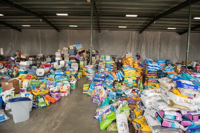 (Rachel Molenda | The Salt Lake Tribune) Donations fill a large room at the Best Friends Animal Society shelter in Conroe, Texas, on Wednesday, Sept. 6, 2017. The donations are not only used for animals staying at the shelter following Hurricane Harvey, but also given out to owners who are reunited with their pets after the storm.