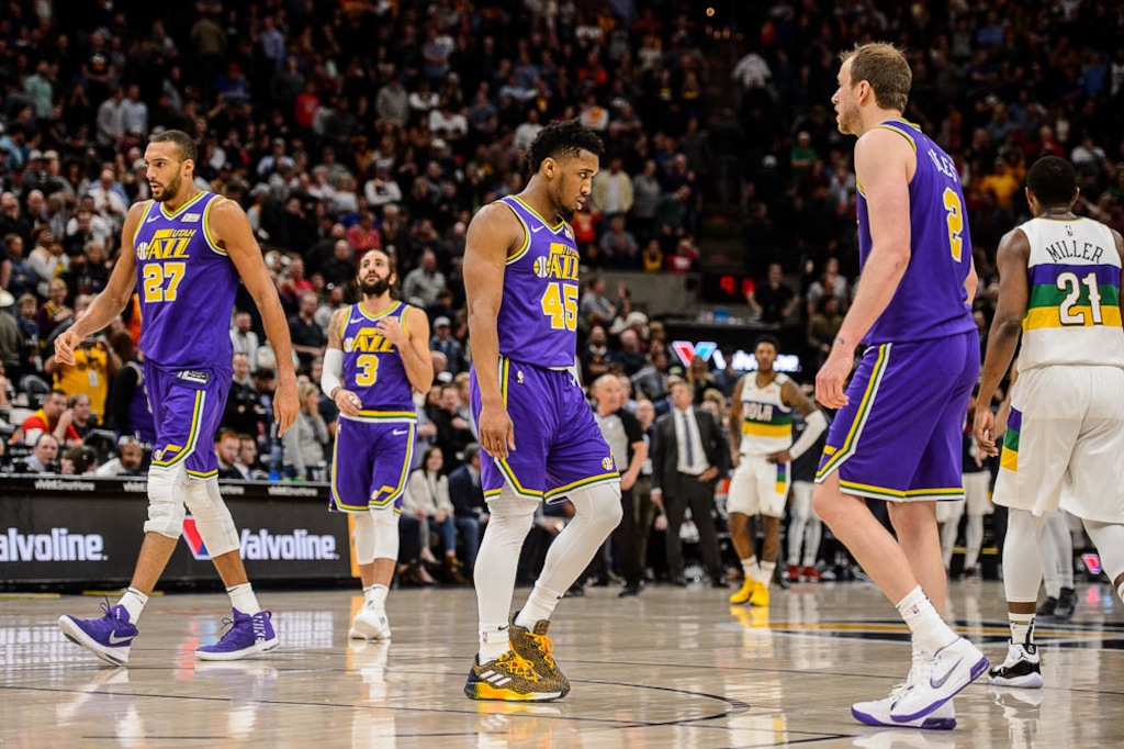 (Trent Nelson | The Salt Lake Tribune)
Utah Jazz center Rudy Gobert (27), Utah Jazz guard Ricky Rubio (3), Utah Jazz guard Donovan Mitchell (45), and Utah Jazz forward Joe Ingles (2), down 1 point with .9 seconds remaining, as the Utah Jazz host the New Orleans Pelicans, NBA basketball in Salt Lake City on Monday March 4, 2019.