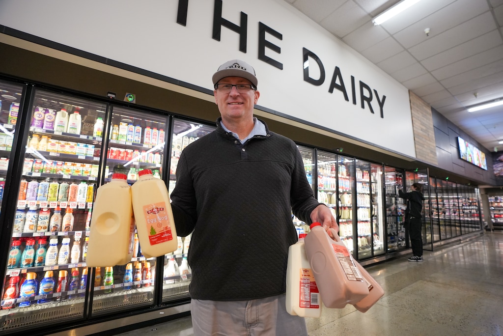 (Chris Samuels | The Salt Lake Tribune) James Winder poses for a photograph with Winder Farms products at a Harmons Grocery in West Valley City, Friday, Oct. 17, 2025.