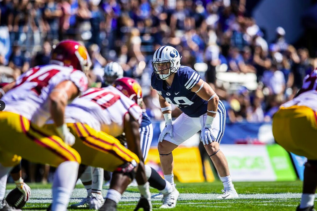 Photo courtesy of BYU Athletics | BYU linebacker Payton Wilgar awaits the snap during the Cougars' 30-27 win over USC on Sept. 14, 2019 at LaVell Edwards Stadium.