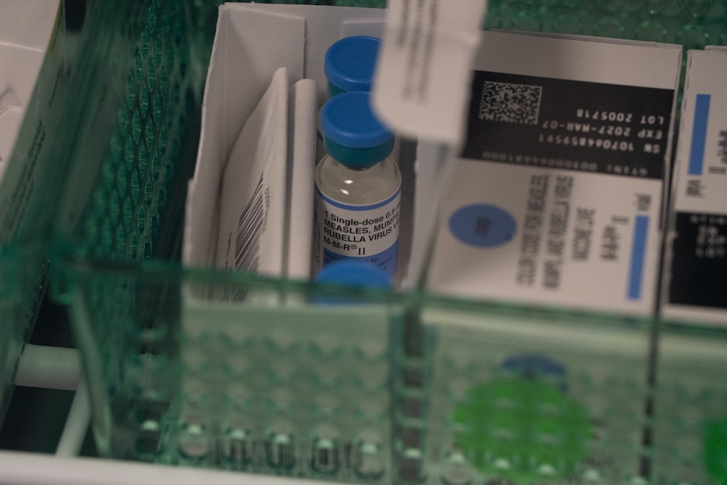 (Mary Conlon | AP) Vials of the combination measles, mumps and rubella vaccine are seen in a fridge at Tiger Pediatrics in Easley, S.C., on March 17, 2026.