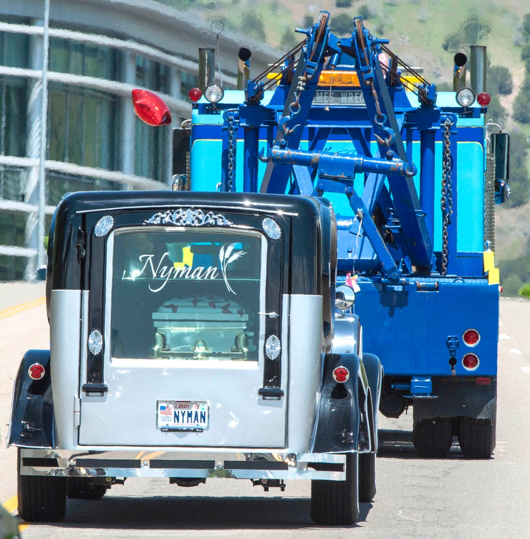 (Rick Egan  |  The Salt Lake Tribune)    The hearse follows a line of tow trucks in the funeral procession for five-year-old Elizabeth Shelley up highway 89 to the Logan Cemetery. Elizabeth was allegedly killed by her uncle in Logan last week. Tuesday, June 4, 2019.