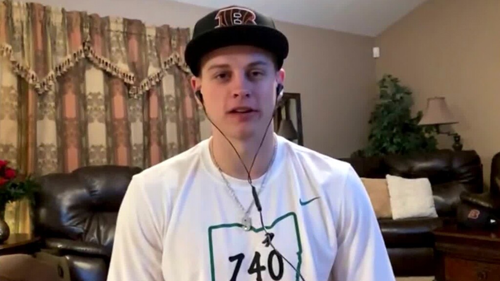 In this still image from video provided by the NFL, LSU quarterback Joe Burrow appears in The Plains, Ohio, during the NFL draft Thursday, April 23, 2020. He was selected No. 1 overall by the Cincinnati Bengals. (NFL via AP)