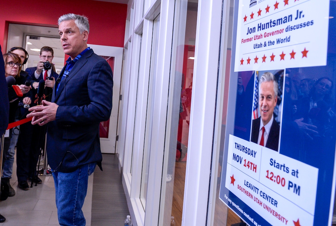 (Leah Hogsten  |  The Salt Lake Tribune) Former two-term Gov. Jon Huntsman, 59, announced his bid for governor, Nov. 14, 2019. Huntsman fielded questions after an appearance at the Michael O. Leavitt Center for Politics and Public Service at Southern Utah University in Cedar City on Thursday.