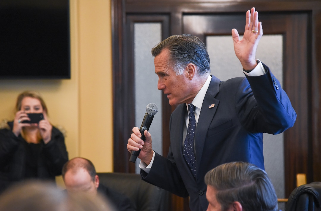 (Francisco Kjolseth  |  The Salt Lake Tribune)  Sen. Mitt Romney meets state lawmakers at the Utah Capitol as he speaks with members of the Republican House Caucus during a series of meetings on Thursday, Feb. 21, 2019.
