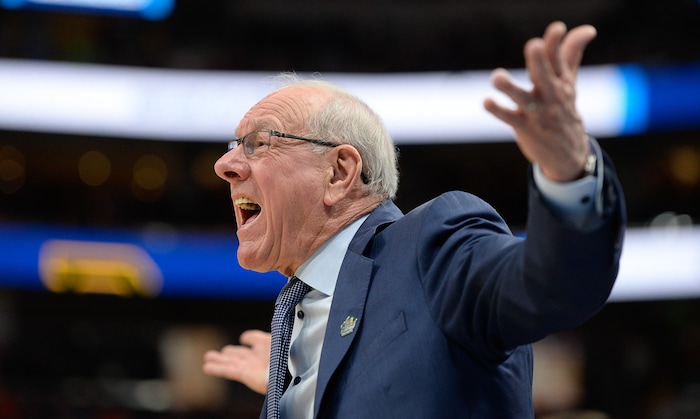 (Francisco Kjolseth  |  The Salt Lake Tribune)  Syracuse head coach Jim Boeheim argues a call as Syracuse faces Baylor in their first round menÕs NCAA March Madness tournament game at Vivint Smart Home Arena in Salt Lake City on Thursday, March 21, 2019.