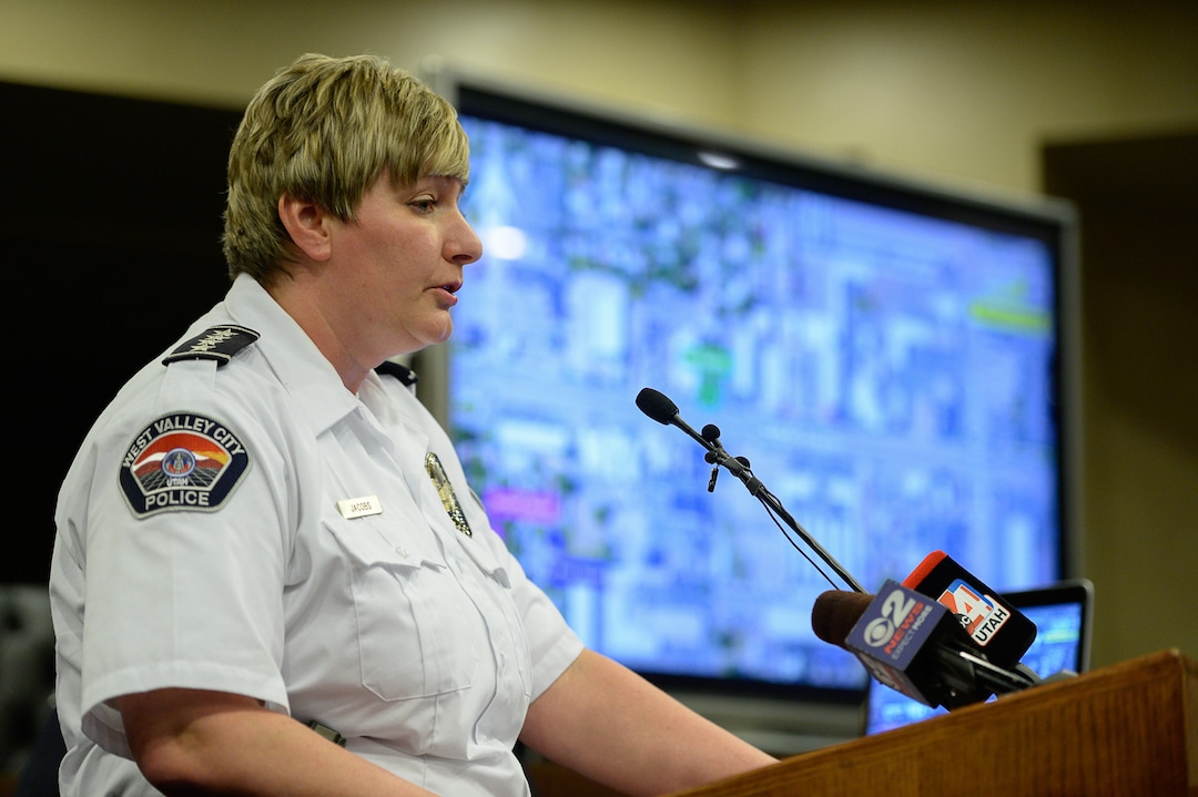 (Francisco Kjolseth  |  The Salt Lake Tribune)  West Valley Police Chief Colleen Jacobs  holds a press conference on Tuesday, Apr. 17, 2018, to release body cam footage of the fatal shooting of 20-year-old Elijah James Smith. On April 8, Smith was shot and killed by West Valley police officers who believed he matched the description of someone involved in a theft at a cellphone store.