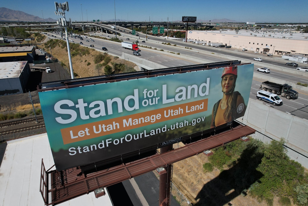 (Francisco Kjolseth | The Salt Lake Tribune) A billboard along Interstate 80 for the state's "Stand for our Land" campaign supporting its lawsuit against the Bureau of Land Management, which aims to gain control over public lands in Utah, is pictured on Tuesday, Sept. 24, 2024.