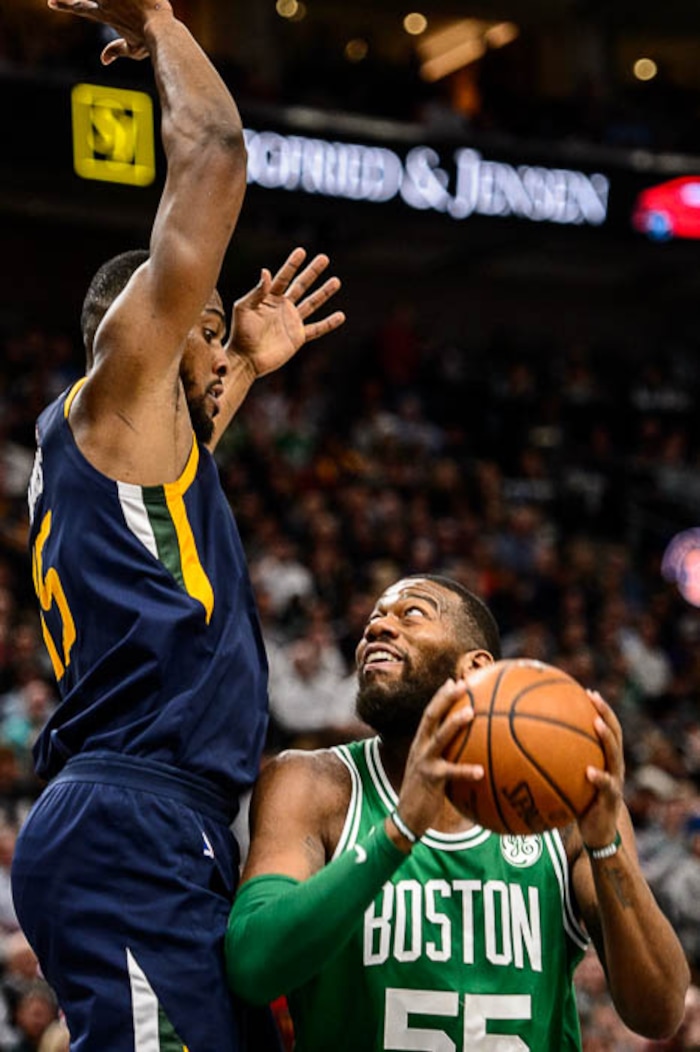 (Trent Nelson | The Salt Lake Tribune)  
Utah Jazz vs. Boston Celtics, NBA basketball in Salt Lake City, Wednesday March 28, 2018. Utah Jazz forward Derrick Favors (15) defending Boston Celtics center Greg Monroe (55).
