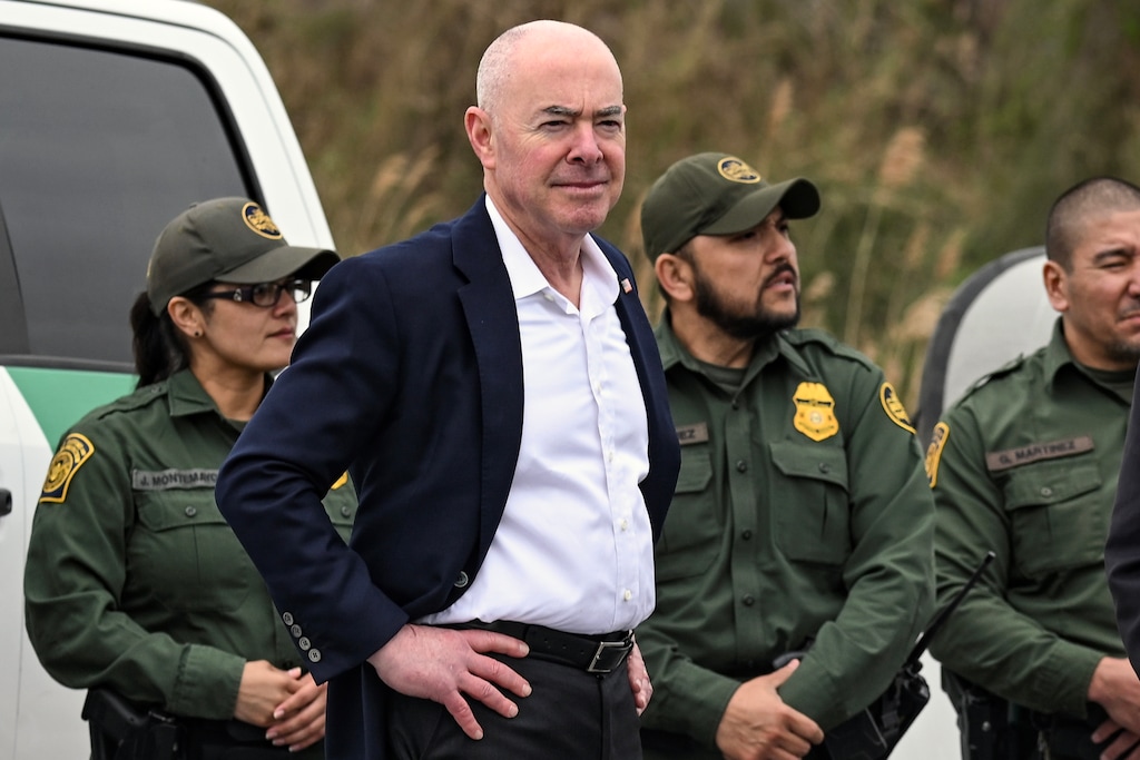 (Kenny Holston | The New York Times) Secretary of Homeland Security Alejandro Mayorkas accompanies President Joe Biden on a visit to Brownsville, Texas on Thursday, Feb. 29, 2024. Utah Gov. Spencer Cox said Mayorkas told him that the Biden administration would be better at sharing asylum information with the states.