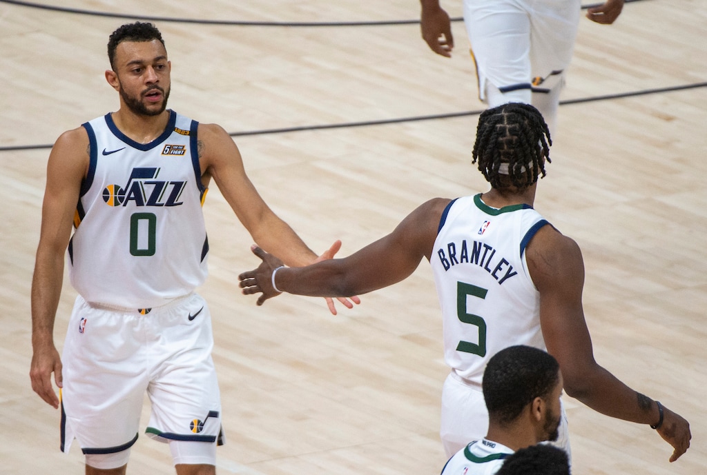 (Rick Egan | The Salt Lake Tribune)  Utah Jazz forward Jarrell Brantley (5) congratulates Utah Jazz guard Nigel Williams-Goss (0), in preseason NBA action between Utah Jazz and Phoenix Suns at Vivint SmartHome Area, on Saturday, Dec. 12, 2020.