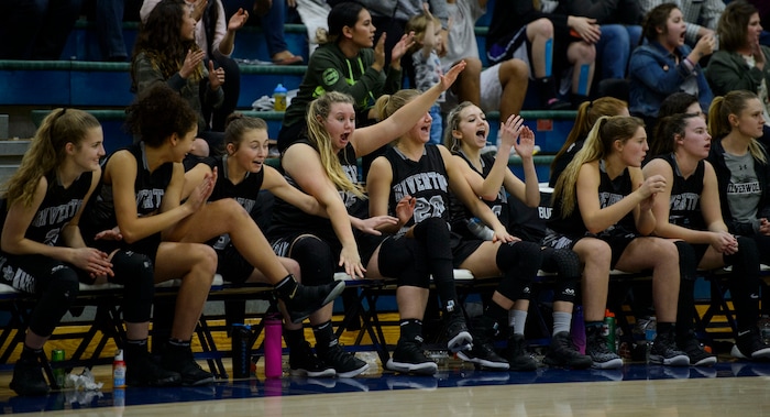 (Steve Griffin  |  The Salt Lake Tribune)  The Riverton bench celebrates a three pointer during their game against  Copper Hills at Cooper Hill s High School in West Jordan Thursday February 1, 2018.