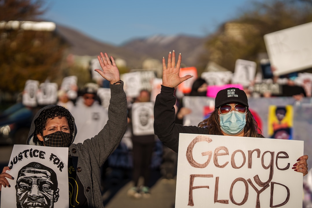 (Trent Nelson  |  The Salt Lake Tribune) People march in Salt Lake City on Tuesday, April 20, 2021 to mark the conviction of Derek Chauvin for the murder of George Floyd.