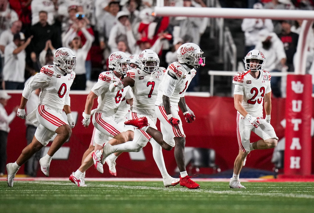 (Bethany Baker  |  The Salt Lake Tribune) Utah Utes celebrate as they force a turnover on downs during the game between the Utah Utes and the Kansas Jayhawks at Rice-Eccles Stadium in Salt Lake City on Saturday, Oct. 10, 2026.