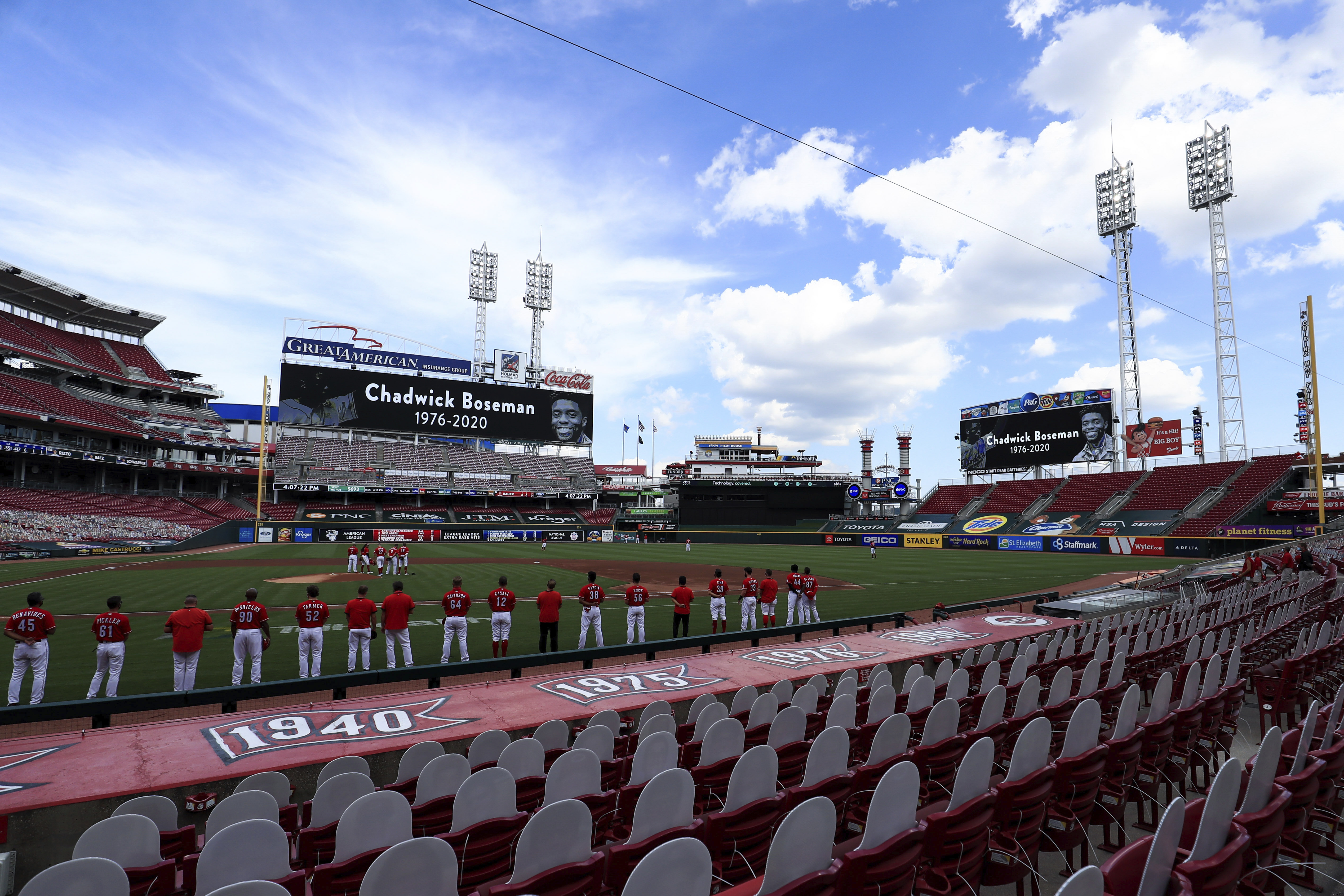 (Aaron Doster | AP photo)

Videoboards pay tribute to Chadwick Boseman prior to a baseball game between the Chicago Cubs and the Cincinnati Reds in Cincinnati, Saturday, Aug. 29, 2020.