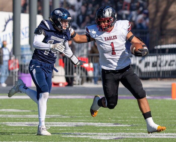 (Rick Egan | The Salt Lake Tribune) Layton Christian Academy running back Manu Lutui Vaitaki (1) runs the ball for the Eagles, in 1A Football Championship action between the Duchesne Eagles and the Layton Christian Academy Eagles, at the Elizabeth Dee Shaw Stewart Stadium in Ogden, on Saturday, Nov. 13, 2021.