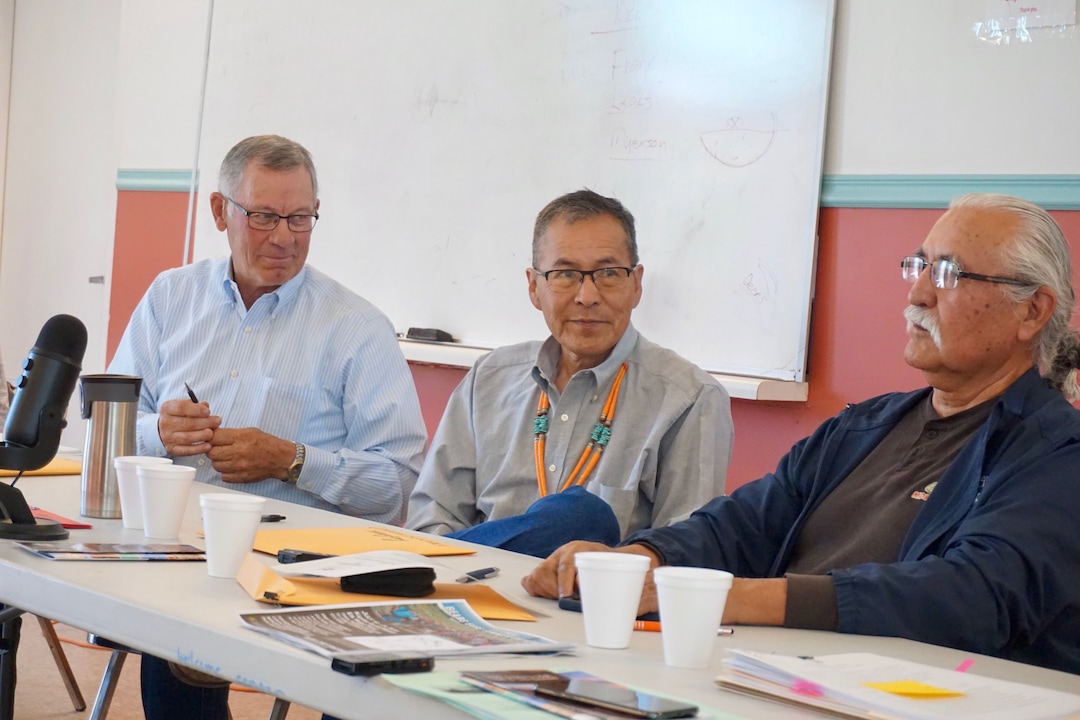 (Zak Podmore  |  The Salt Lake Tribune) San Juan County Commissioners Bruce Adams (left), Kenneth Maryboy, and Willie Grayeyes preside over the commission meeting in Oljato-Monument Valley, Utah, on Tuesday, July 2, 2019.                               