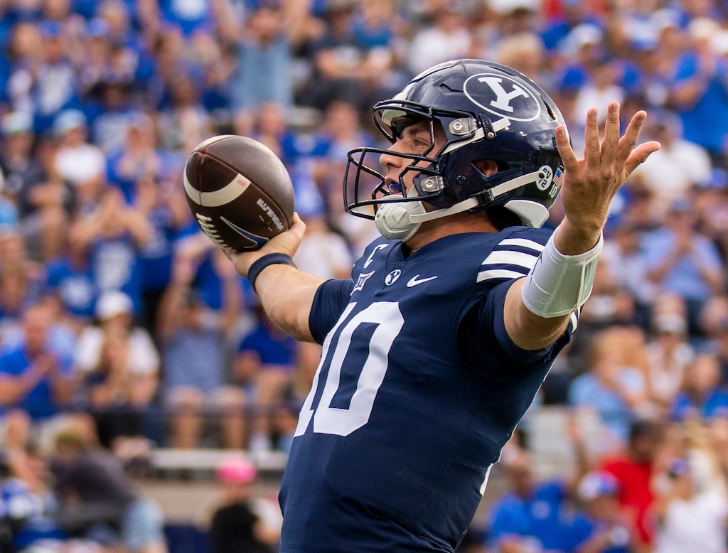 (Rick Egan | The Salt Lake Tribune) Brigham Young quarterback Kedon Slovis (10) reacts as he scores a touchdown for the Cougars, in football action between the Southern Utah Thunderbirds and the Brigham Young Cougars, at LaVell Edwards Stadium, on Saturday, Sept. 9, 2023.