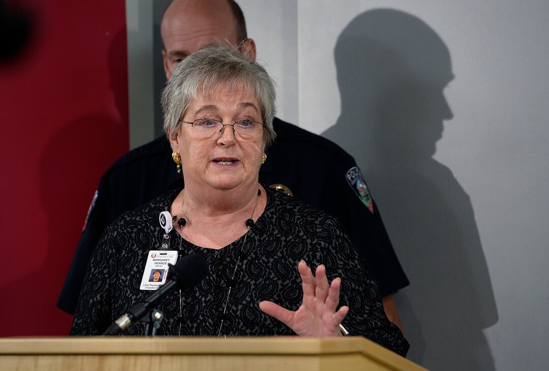 (Scott Sommerdorf   |  The Salt Lake Tribune)   Margaret Pearce, Chief of Nursing, speaks at a press conference held at the Uniuversity of Utah Medical Center regarding arrest of nurse Alex Wubbels, who refused to draw bloodMonday, September 4, 2017. 