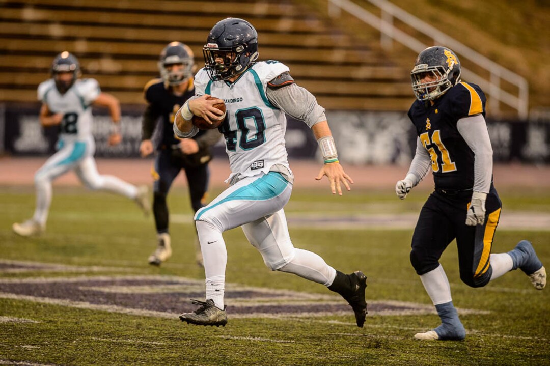 (Trent Nelson | The Salt Lake Tribune)  Juan Diego's Hunter Easterly runs the ball. Summit Academy faces Juan Diego High School in a class 3A state semifinal football game at Weber State University's Stewart Stadium, Saturday November 4, 2017.