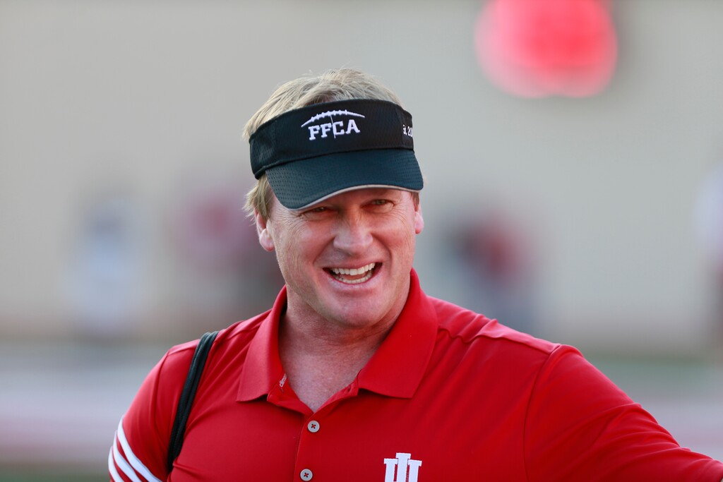Jon Gruden watches the Cream and Crimson spring football game Thursday, April 13, 2017, in Bloomington, Ind. (Jeremy Hogan/The Herald-Times via AP)