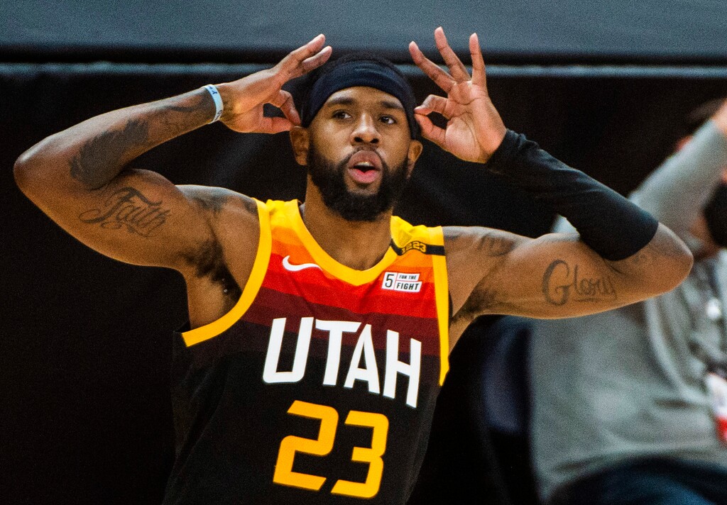 (Rick Egan | The Salt Lake Tribune) Utah forward Royce O'Neale (23) celebrates after sinking one of his 3-point shots the 4th quarter for the Jazz, in NBA action between the Utah Jazz and the Philadelphia 76ers at Vivint Arena, on Monday, Feb. 15, 2021.