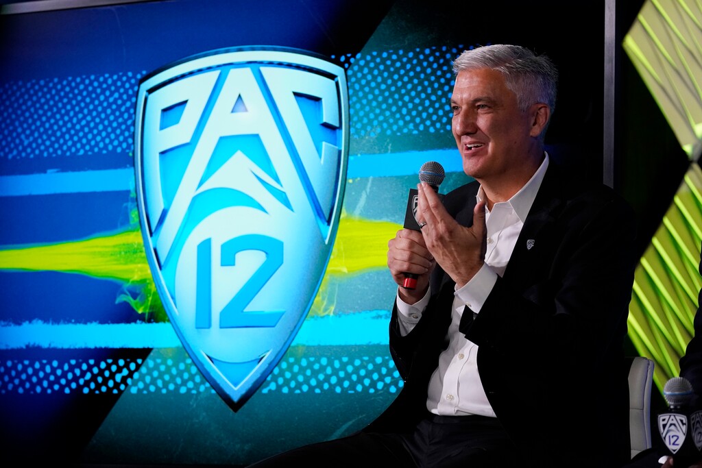 (Marcio Jose Sanchez  |  Associated Press) Pac-12 Commissioner George Kliavkoff fields questions during the Pac-12 Conference NCAA college football Media Day Tuesday, July 27, 2021, in Los Angeles.