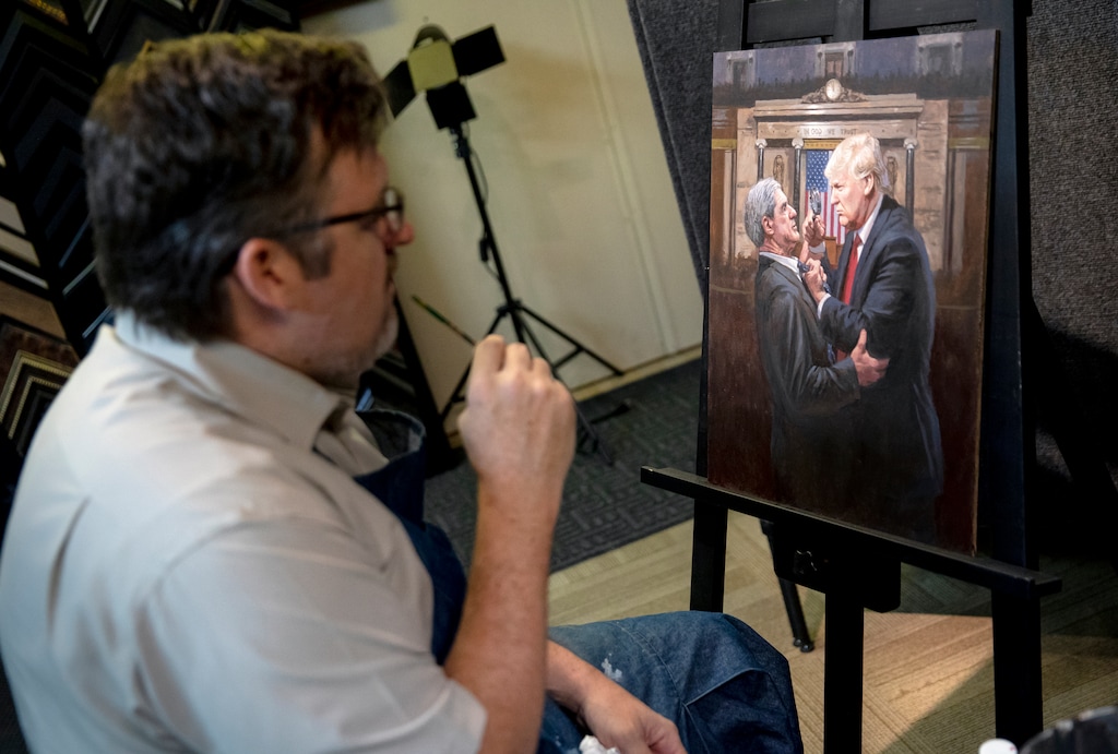 (Kim Raff | The Washington Post) Jon McNaughton with his latest work, "Expose the Truth." The Utah artist has become the most famous pro-Trump painter in the country.