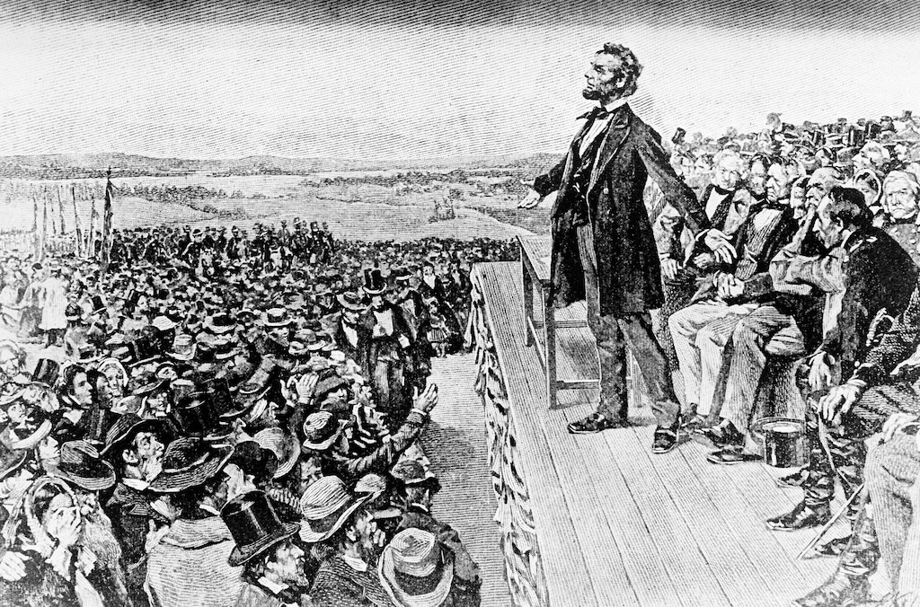 (Associated Press) This undated illustration depicts President Abraham Lincoln making his Gettysburg Address at the dedication of the Gettysburg National Cemetery on the battlefield at Gettysburg, Pa., Nov. 19, 1863.