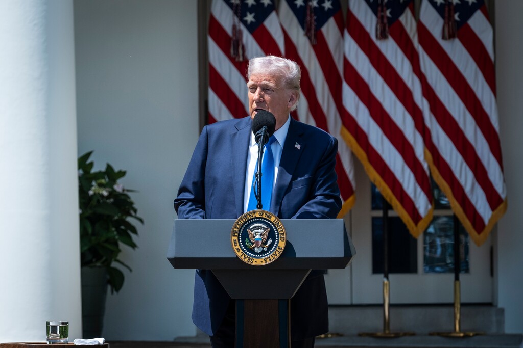 (Pete Marovich | The New York Times) President Donald Trump speaks during a National Day of Prayer event in White House rose garden on Thursday, May 1, 2025. Trump unveiled his proposed budget for the 2026 fiscal year on May 2, asking Congress for about $163 billion in cuts to key federal education, health, housing and labor programs while still seeking to boost spending on defense.
