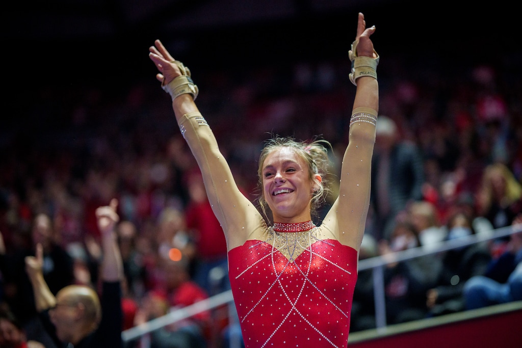 (Trent Nelson  |  The Salt Lake Tribune) Grace McCallum on the vault as Utah hosts UCLA, NCAA gymnastics in Salt Lake City on Friday, Feb. 3, 2023.