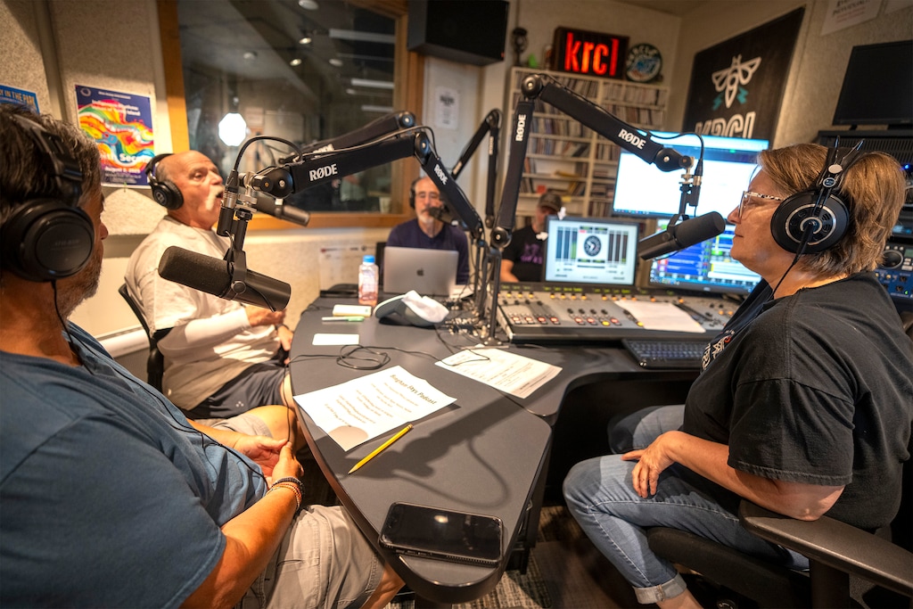 (Rick Egan | The Salt Lake Tribune) Lara Jones, executive producer and host of "RadioACTive," with guests on Wednesday, July 23, 2025. 

