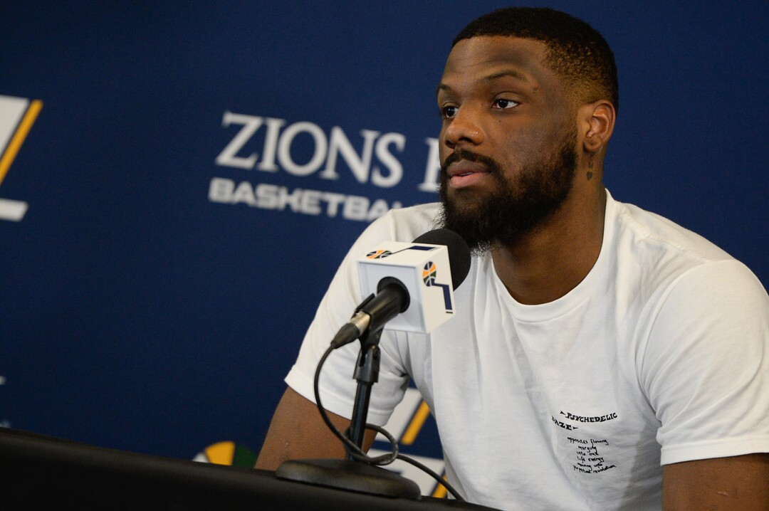 (Francisco Kjolseth  |  The Salt Lake Tribune)  Utah Jazz      guard Erik McCree speaks with the media during exit interviews at their practice facility in Salt Lake City Wed., May 8, 2018, after losing to the Houston Rockets in game 5 of their Western Conference Finals during the 2018 NBA Playoffs.