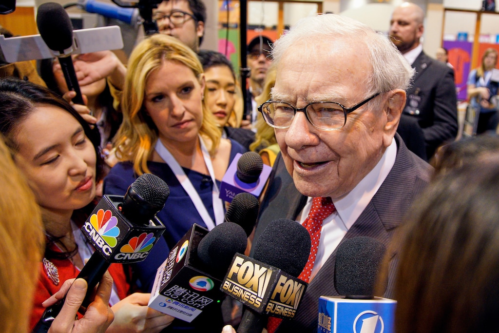 Warren Buffett, Chairman and CEO of Berkshire Hathaway, speaks to reporters during a tour of the CHI Health convention center where various Berkshire Hathaway companies display their products, before presiding over the annual shareholders meeting in Omaha, Neb., Saturday, May 4, 2019. (AP Photo/Nati Harnik)