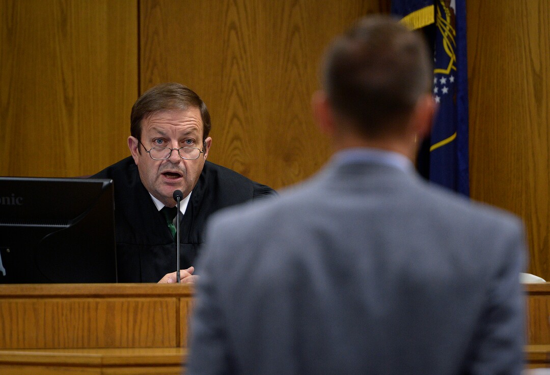 (Scott Sommerdorf   |  The Salt Lake Tribune)   Judge James Brady of Provo's 4th District denies the admissibility of some evidence while speaking with Deputy Utah County attorney Ryan McBride during the preliminary hearing for Defendant Tyerell Joe Przybycien, 18, of Spanish Fork, Wednesday, August 23, 2017. Przybycien is charged with first-degree felony murder for buying items used by a 16-year-old girl to hang herself on May 5 in Utah County. Przybycien also recorded the girl's death, according to charges.