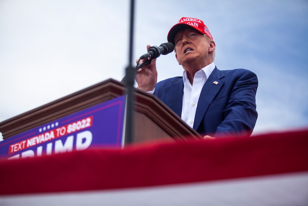 (Jenna Schoenefeld | The New York Times) Former President Donald Trump speaks during a rally in Las Vegas, on Sunday, June 9, 2024.