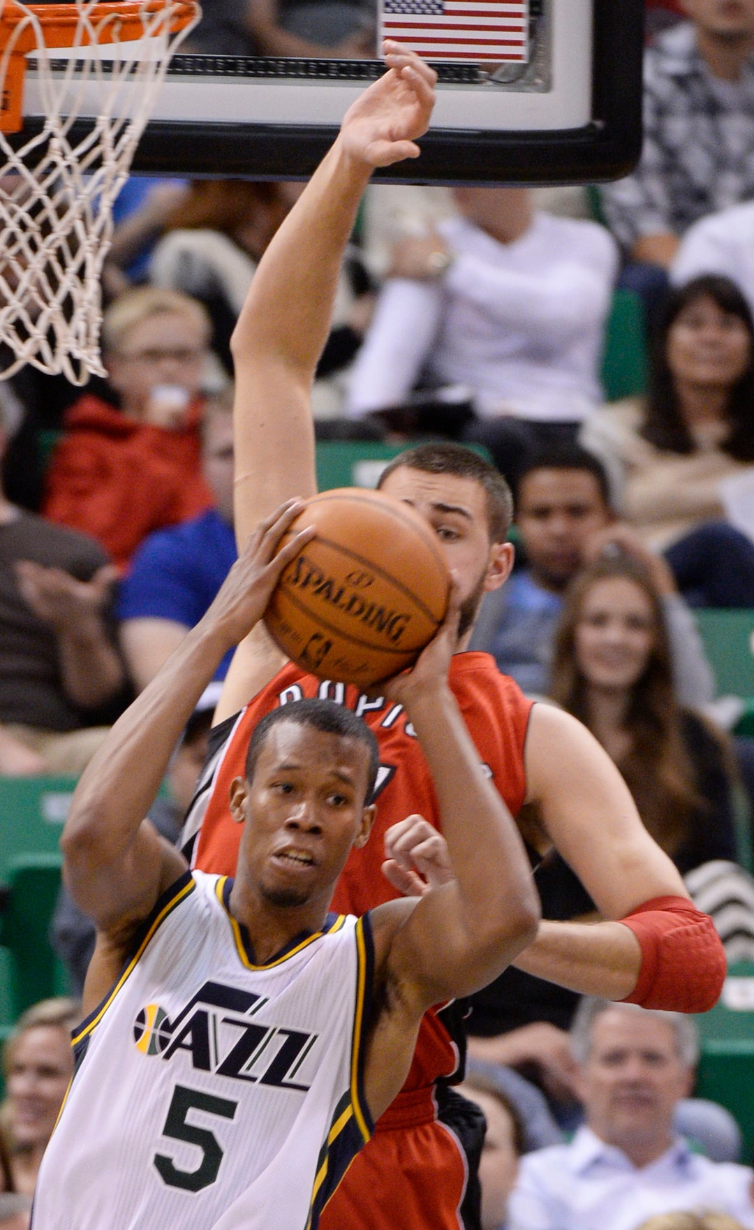 Steve Griffin  |  The Salt Lake TribuneUtah Jazz guard Rodney Hood (5) passes the ball during first half action in the Jazz versus Raptors NBA game at EnergySolutions Arena in Salt Lake City, Thursday, December 4, 2014. 