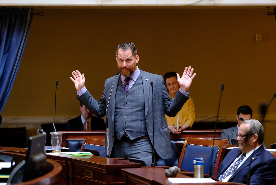 (Francisco Kjolseth  |  The Salt Lake Tribune)  Sen. Jacob Anderegg, R-Lehi, becomes animates as he speaks on SB171, which now will allow legislators to intervene in court to defend the laws they pass Ñ instead of depending on the attorney generalÕs office to do so. The Legislature called itself into special session to attempt to override Gov. Gary Herbert's vetoes of two bills. 