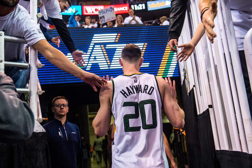 Chris Detrick  |  The Salt Lake TribuneUtah Jazz forward Gordon Hayward (20) walks off of the court after the game at Vivint Smart Home Arena Friday, April 28, 2017.  LA Clippers defeated Utah Jazz 98-93.