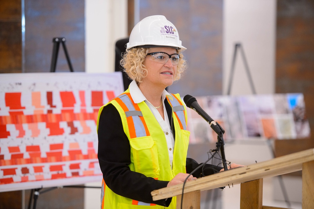 (Trent Nelson  |  The Salt Lake Tribune)
Salt Lake City Mayor Jackie Biskupski speaks at a news conference showcasing the art by 18 local and national artists chosen to be featured in the new Salt Lake City airport as the Whimsy Wall Art Project, on Friday, Nov. 1, 2019. The piece behind her on the left is Nancy Bardach's "Acceleration Decelerating."