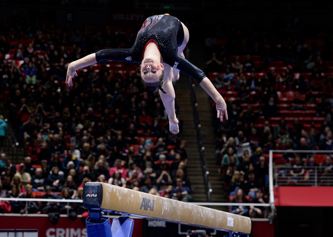 Scott Sommerdorf   |  The Salt Lake TribuneMaddy Stover during her beam routine where she scored 9.850. Utah Gymnastics defeated UCLA 196.725 - 194.725 in the Huntsman Center, Friday, January 23, 2015. 
