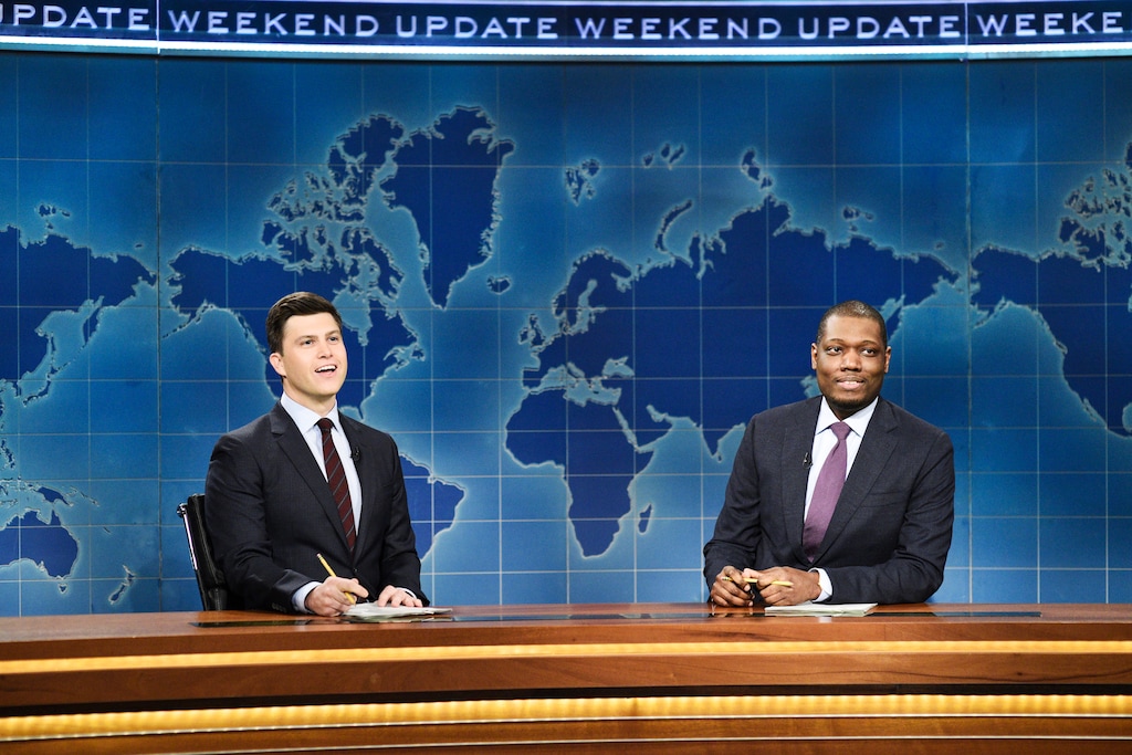 (Photo courtesy Will Heath/NBC) Anchor Colin Jost and anchor Michael Che during Weekend Update in Studio 8H on Saturday, Dec. 15, 2018.