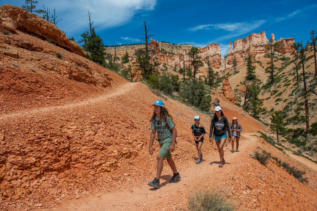 (Rick Egan  |  The Salt Lake Tribune)    Jiriaya Robledo leads the way as Tatiana Robyn, and Isabel Robledo follow along as they hike the Fairyland Trail in Bryce Canyon National Park, Wednesday May 6, 2020.